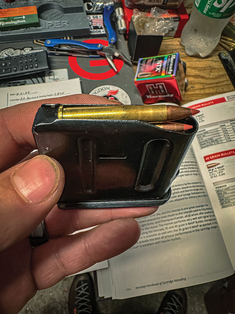 A Hornady NTX 35-grain bullet loaded to magazine length. Zak was not able to get these bullets to  stabilize due to the standard 1:16 twist rate of the 22 Hornet.